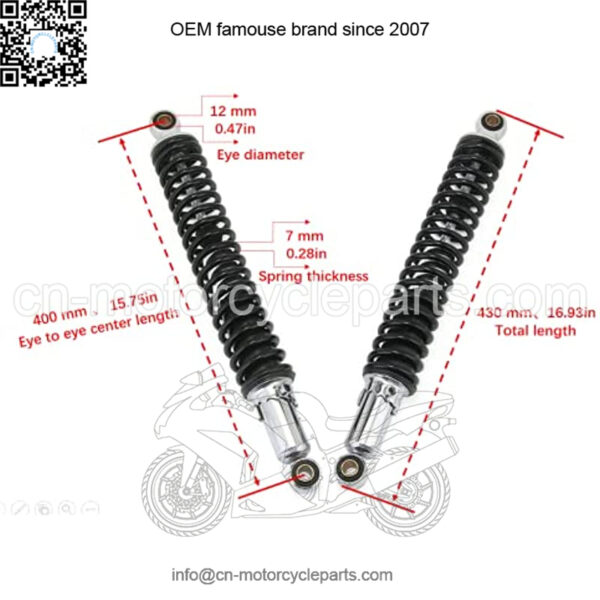 400mm 15.75 inch 7mm Spring Universal Motorcycle Air Shock Absorber Rear Suspension ATV Quad Scooter Dirt Bike For 50cc 75cc 90cc 125cc 150cc 250cc 300cc (Black) - Image 2